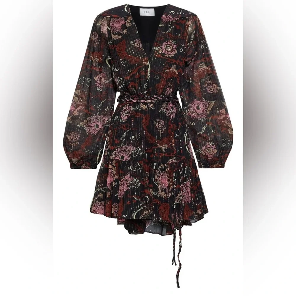 A.L.C. Silk Printed Esme Dress Long Sleeves Brown Multi 2 6 NWT - Picture 4 of 9